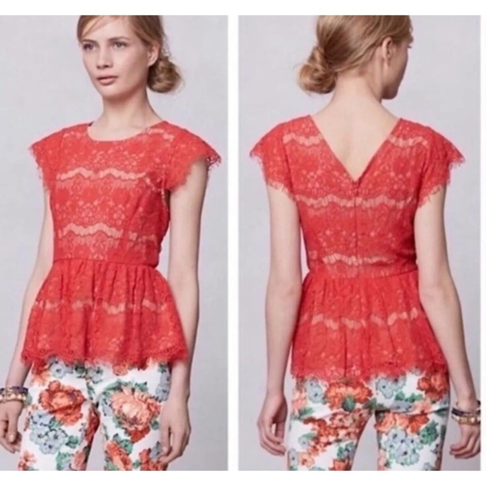 Maeve Anthropologie Red Lace Peplum Blouse Cap Sleeve Nude Underlay M